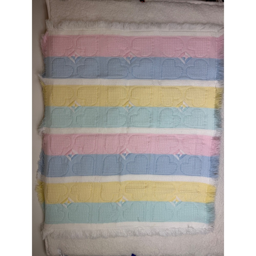 Vintage Pastel Heart‎ Striped Baby Blanket Pink Blue Yellow White Fringe 34x38